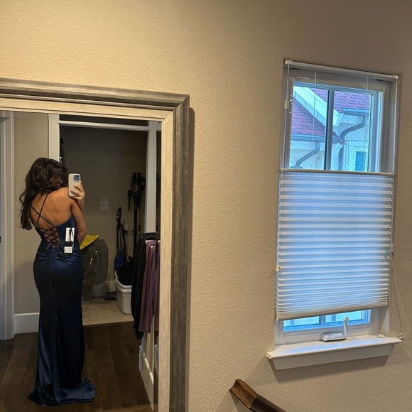 La Femme Navy Blue Prom Dress - Picture 2 of 9